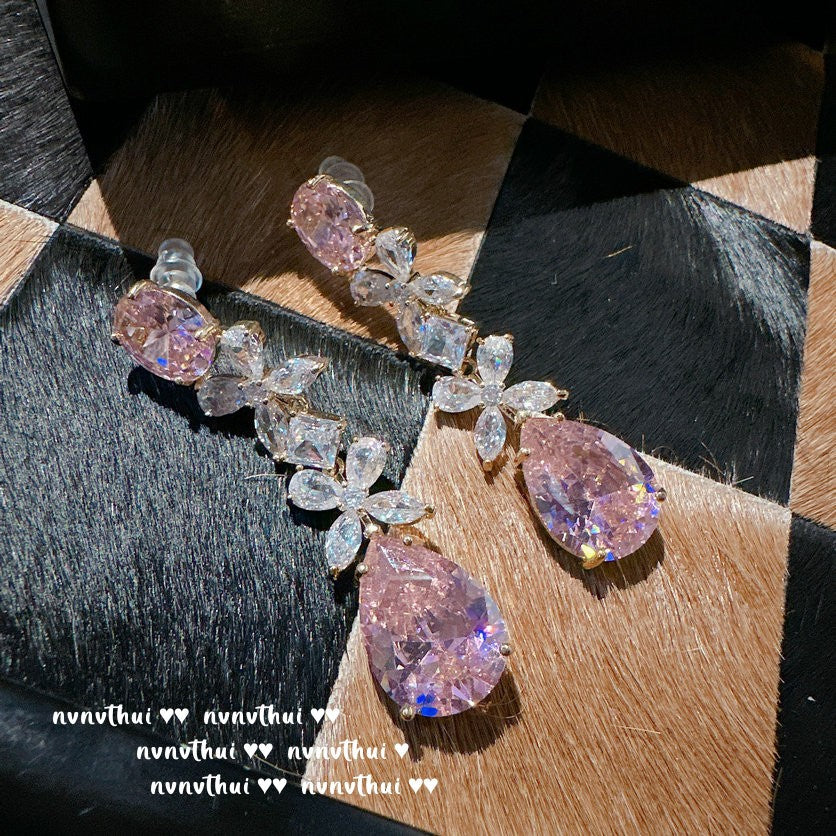 433CA Pink Teardrop Flower Earrings