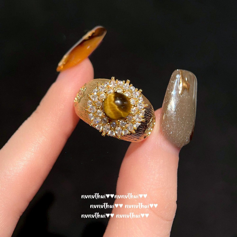 2025ZZ 18K Gold Brushed Artificial Tiger's Eye Starry Open Ring