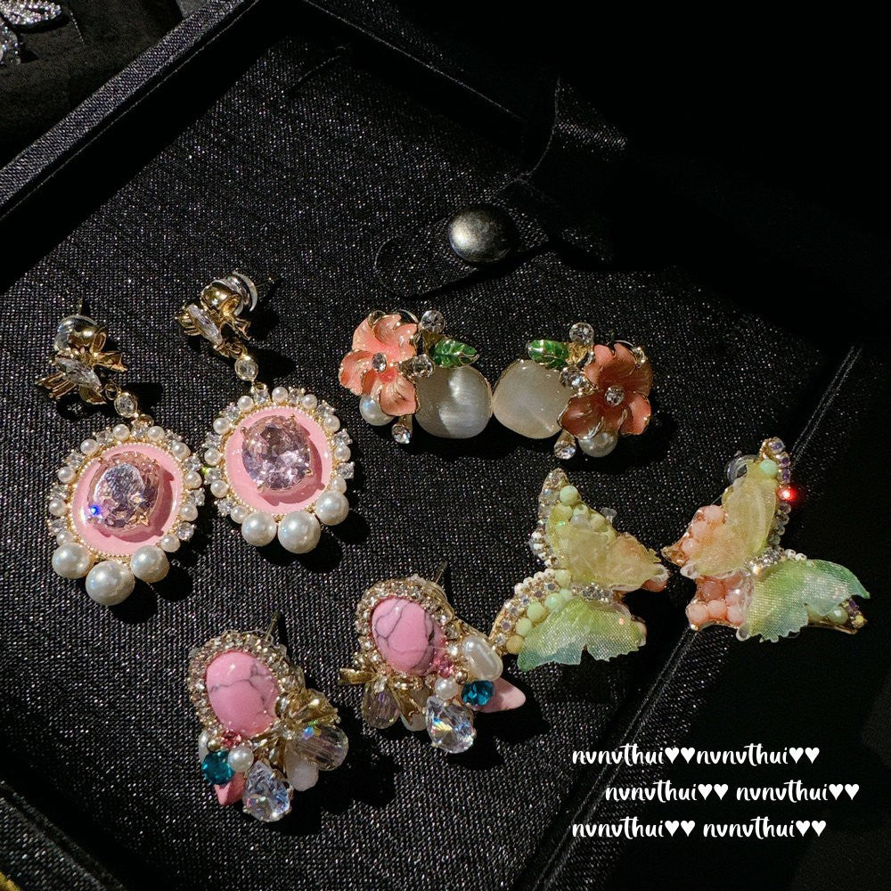 3280QIP Garden Green Butterfly Zircon Fabric Earrings