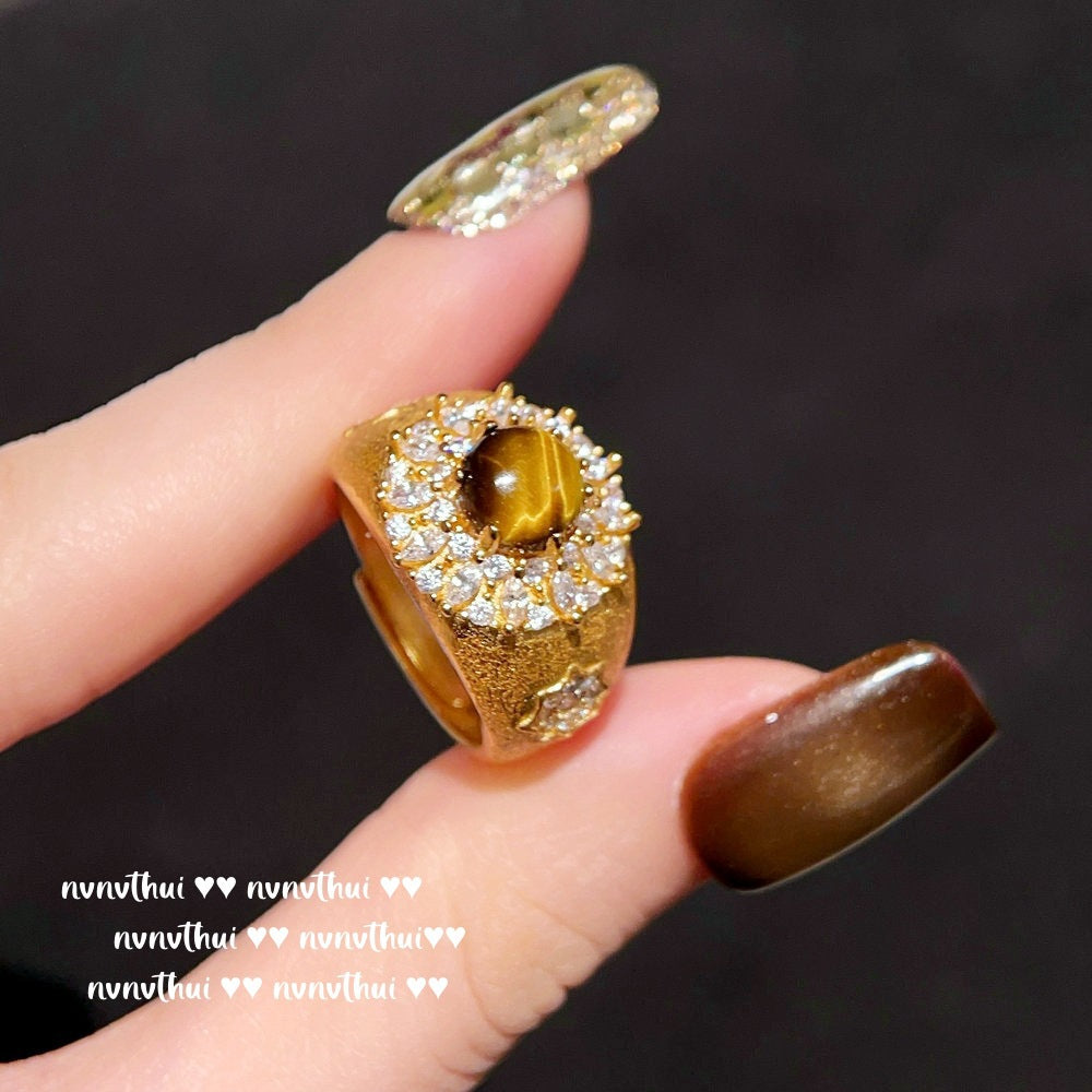 2025ZZ 18K Gold Brushed Artificial Tiger's Eye Starry Open Ring