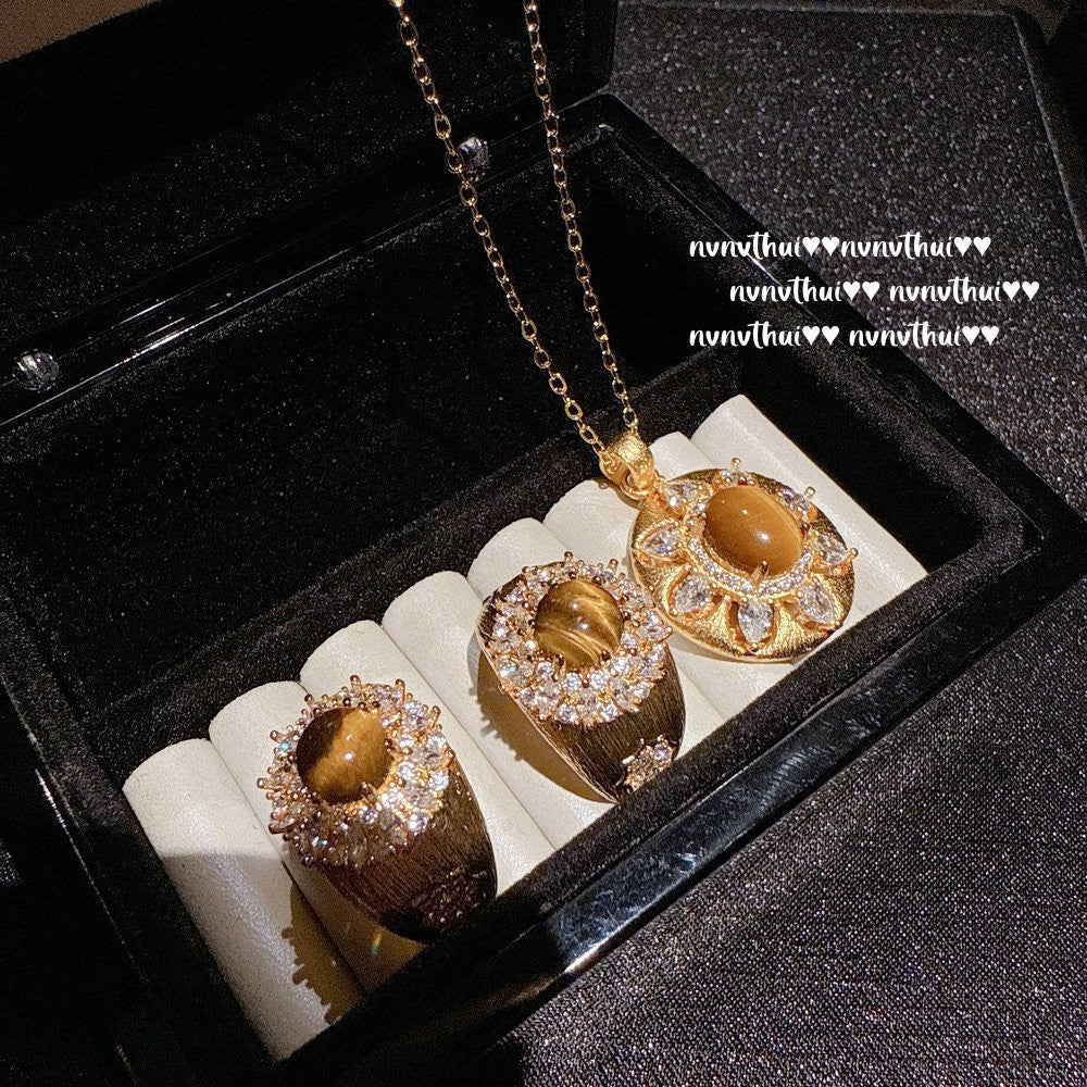 2025ZZ 18K Gold Artificial Tiger's Eye Necklace and Ring Set