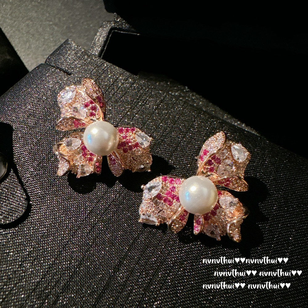 Rouge Pink Panther & Bow Earrings (18K Gold Plated)