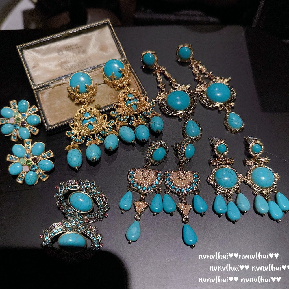 Italian Vintage Carved Turquoise Drop Earrings