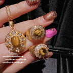 2025ZZ 18K Gold Artificial Tiger's Eye Necklace and Ring Set
