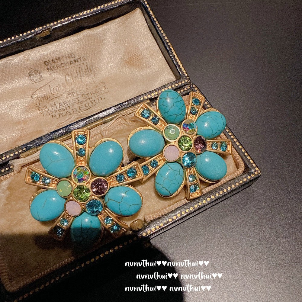 Italian Vintage Carved Turquoise Drop Earrings