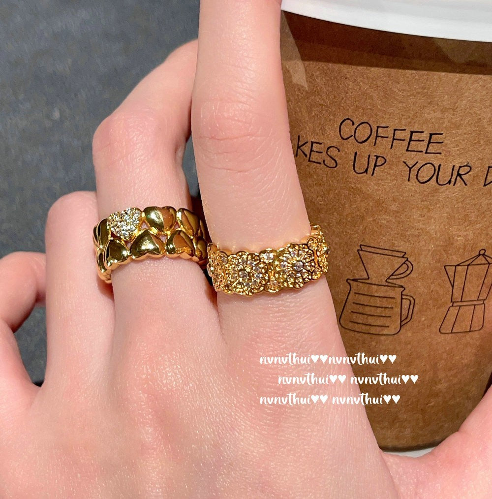 038ZZ Engraved Floral Lattice Zirconia Open Ring 2-Piece Set
