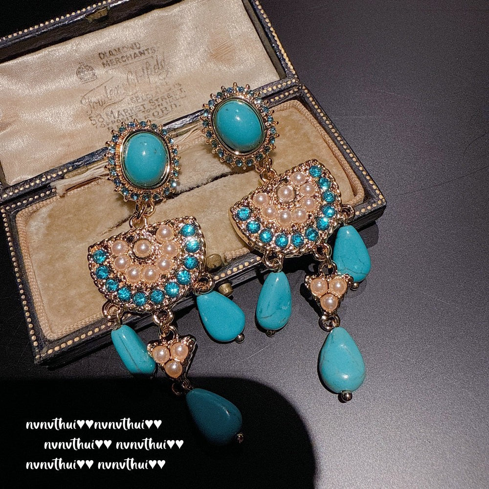 Italian Vintage Carved Turquoise Drop Earrings