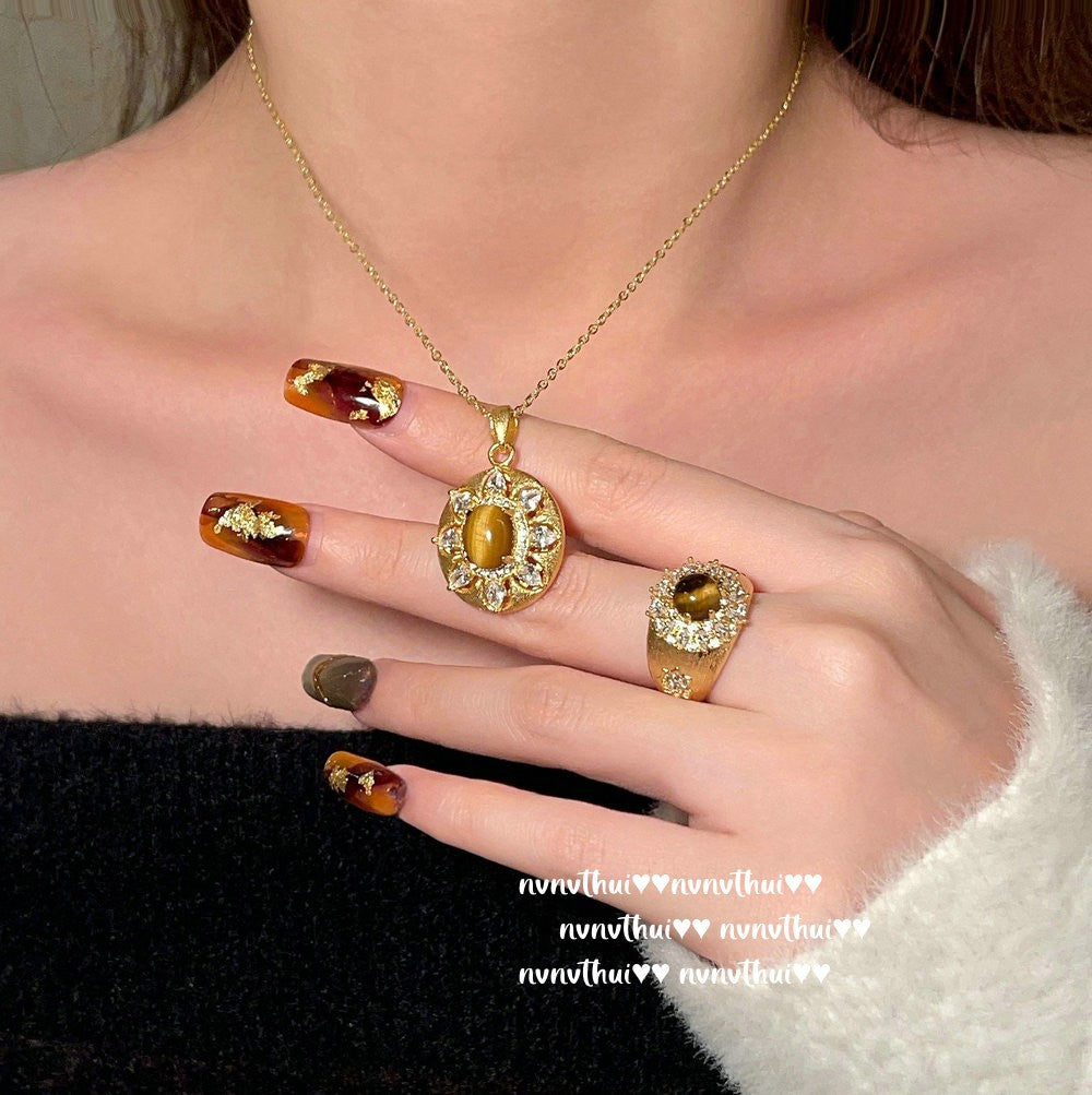 2025ZZ 18K Gold Artificial Tiger's Eye Necklace and Ring Set