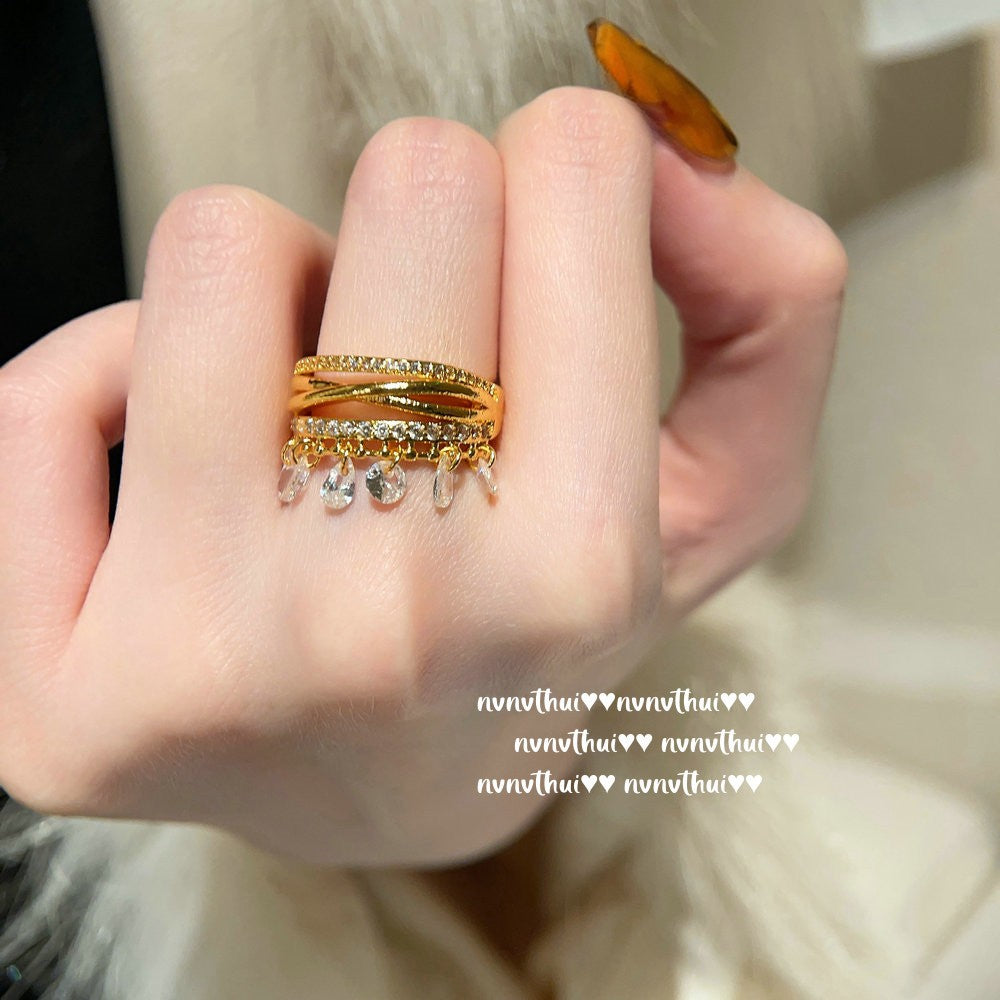 2021ZZ Brushed Interlaced Teardrop Zirconia Open Ring
