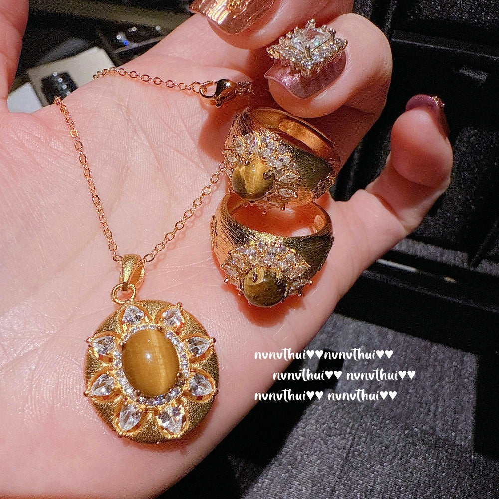 2025ZZ 18K Gold Artificial Tiger's Eye Necklace and Ring Set