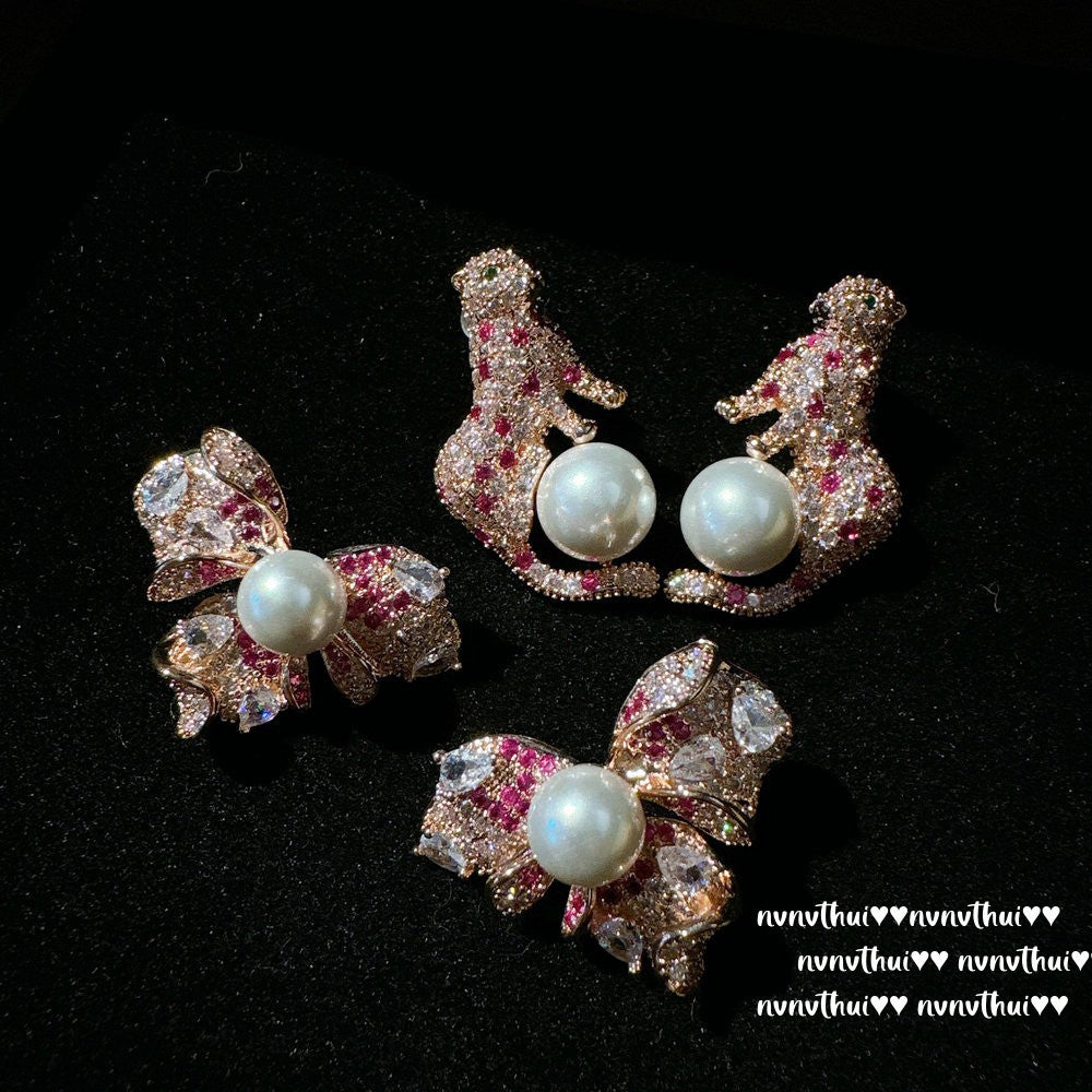 Rouge Pink Panther & Bow Earrings (18K Gold Plated)