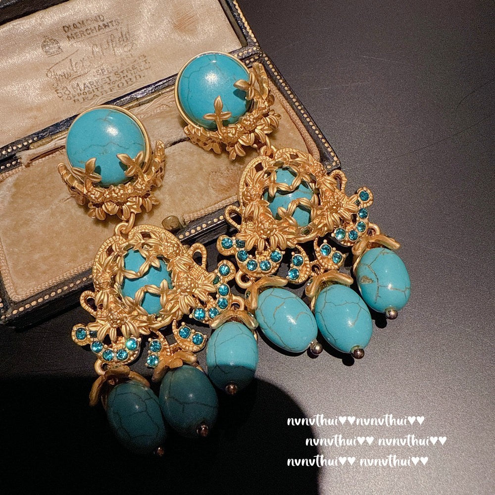 Italian Vintage Carved Turquoise Drop Earrings