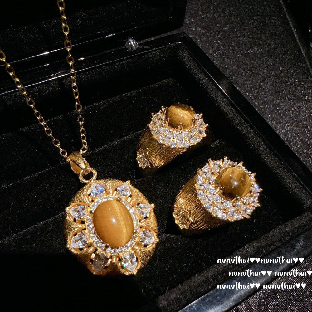 2025ZZ 18K Gold Artificial Tiger's Eye Necklace and Ring Set