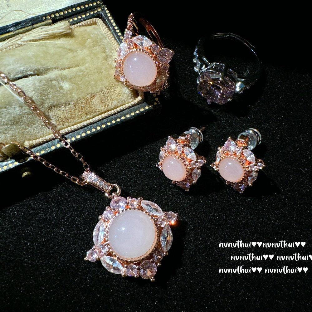 309ZZ Madagascar Pink Carnelian Sunflower Necklace Earrings Set