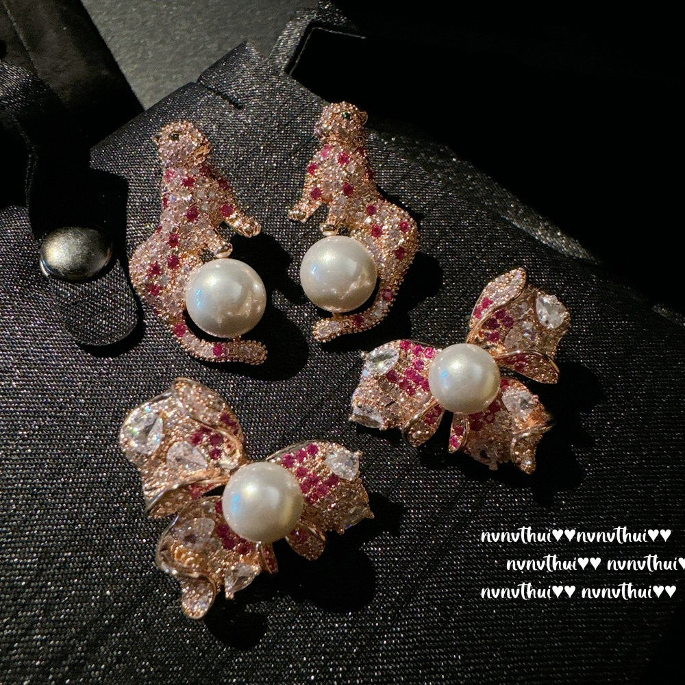 Rouge Pink Panther & Bow Earrings (18K Gold Plated)