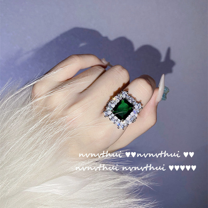 Dazzling Peacock Green Emerald Full-Halo Adjustable Ring