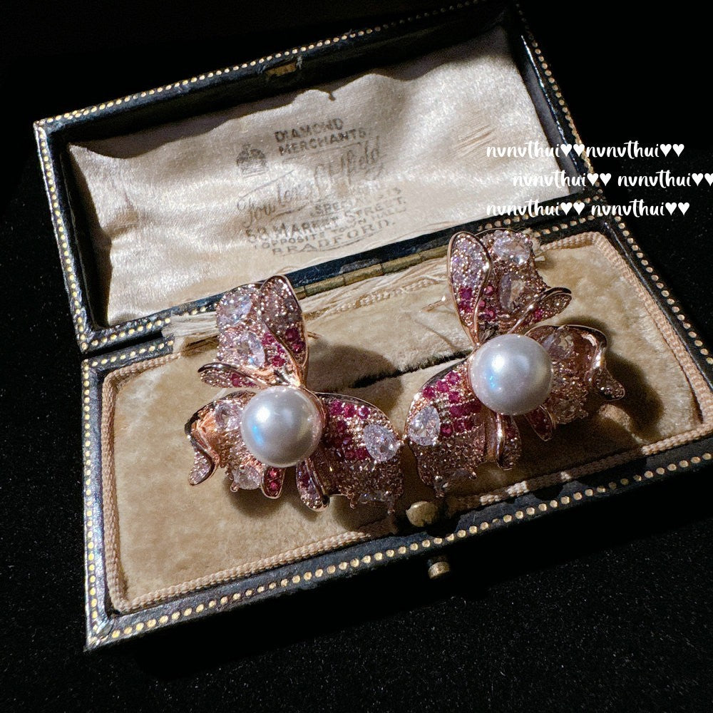 Rouge Pink Panther & Bow Earrings (18K Gold Plated)