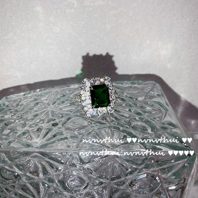 Dazzling Peacock Green Emerald Full-Halo Adjustable Ring