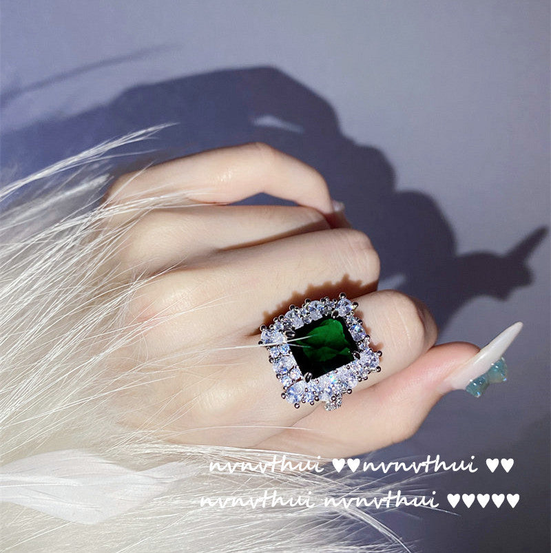 Dazzling Peacock Green Emerald Full-Halo Adjustable Ring