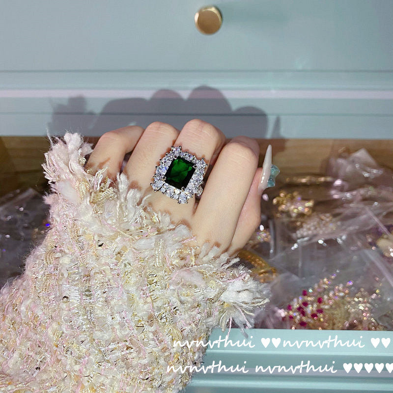 Dazzling Peacock Green Emerald Full-Halo Adjustable Ring