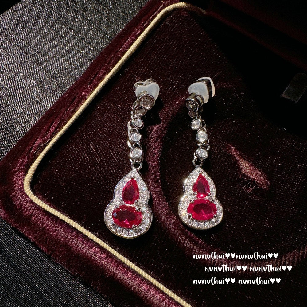 902CC Rubellite Pink Gourd Zircon Long Drop Earrings
