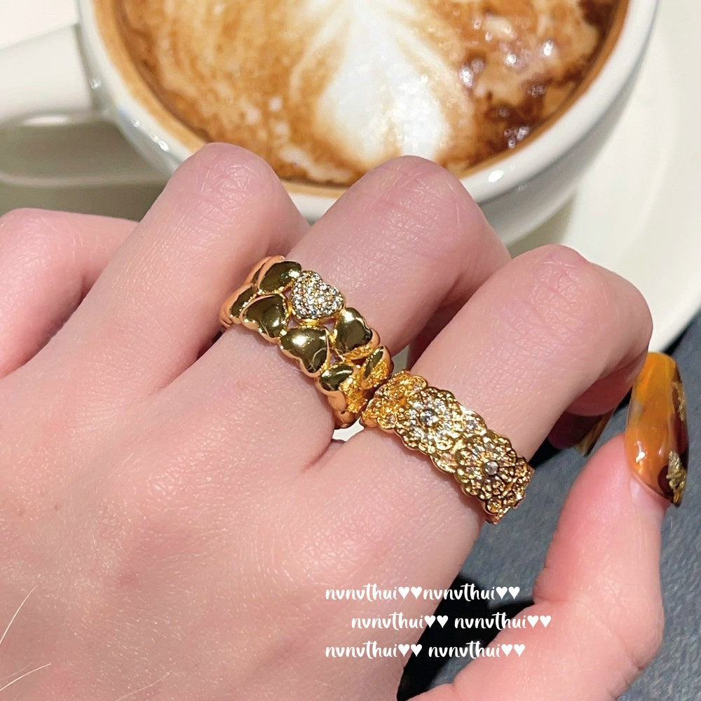 038ZZ Engraved Floral Lattice Zirconia Open Ring 2-Piece Set