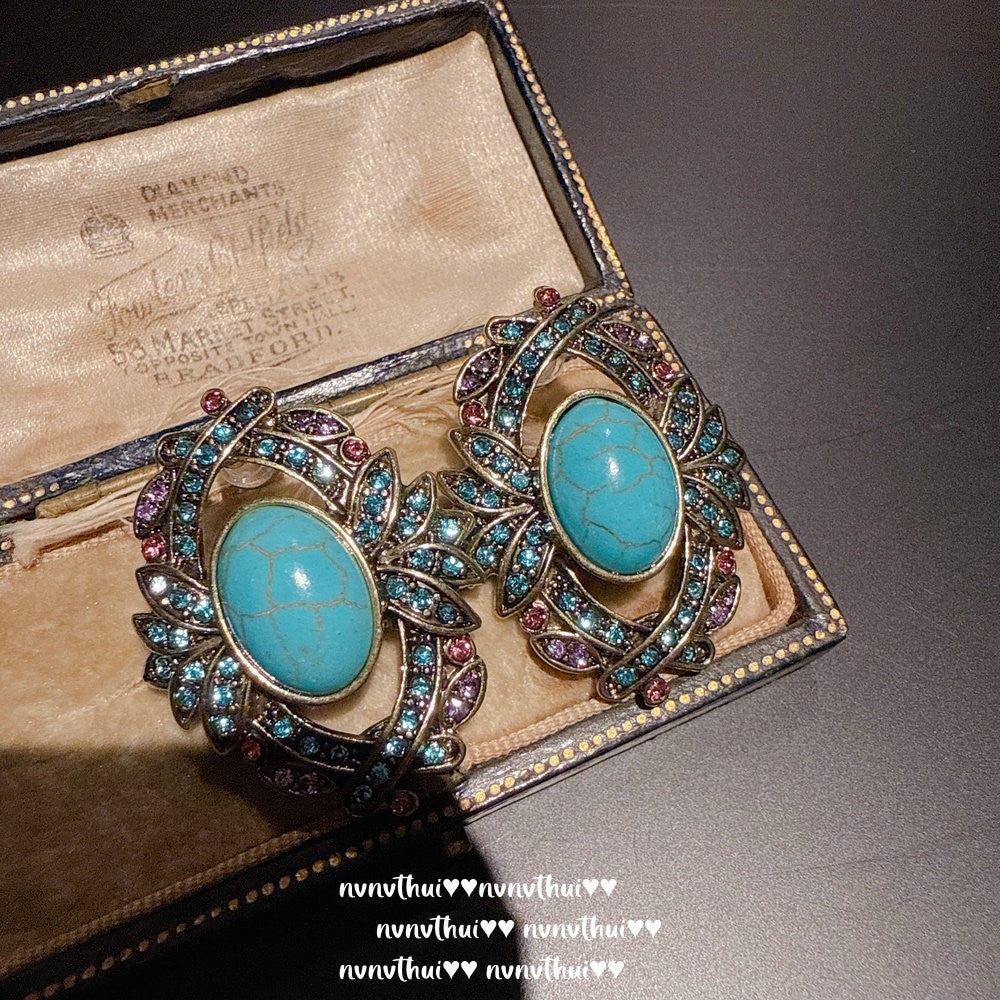 Italian Vintage Carved Turquoise Drop Earrings