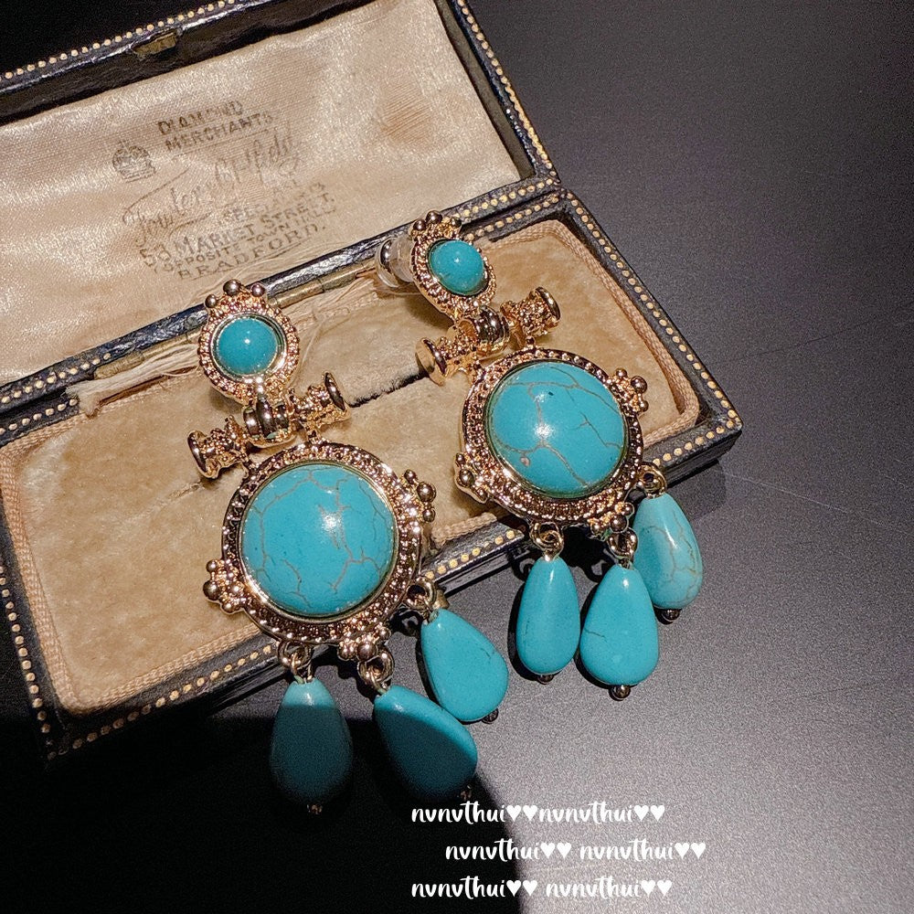 Italian Vintage Carved Turquoise Drop Earrings