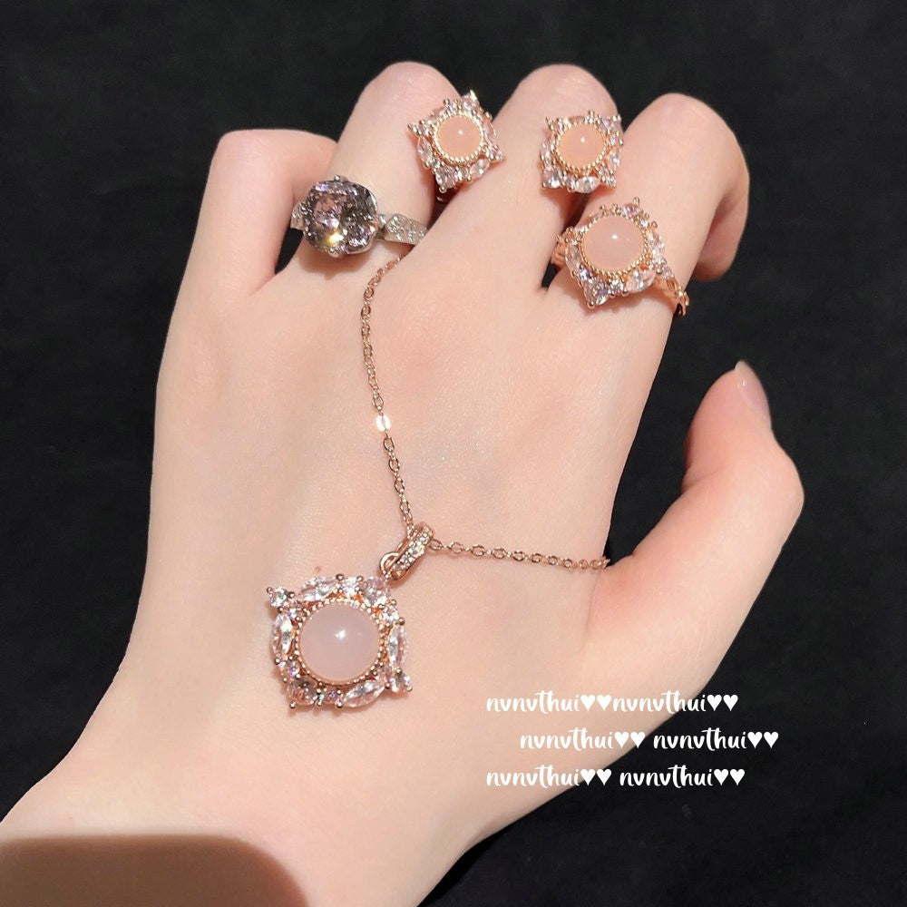 309ZZ Madagascar Pink Carnelian Sunflower Necklace Earrings Set