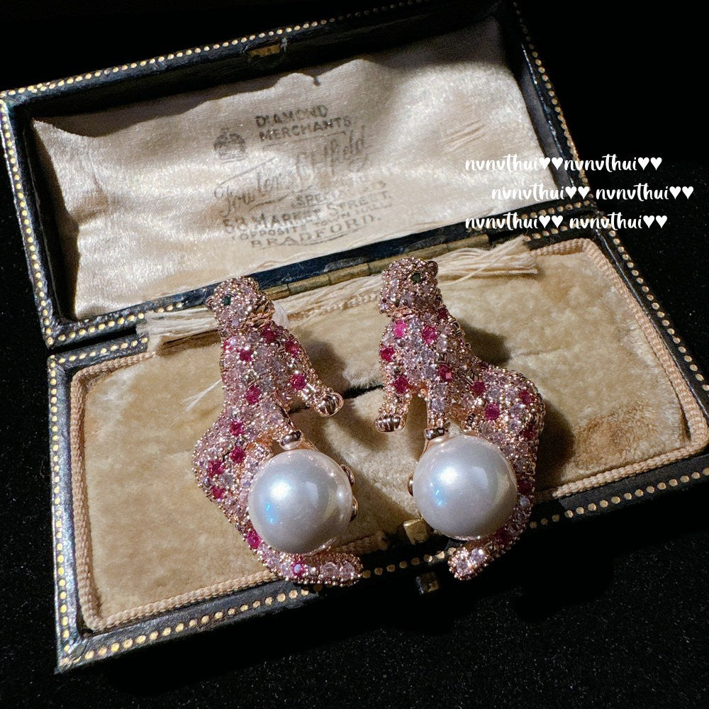 Rouge Pink Panther & Bow Earrings (18K Gold Plated)