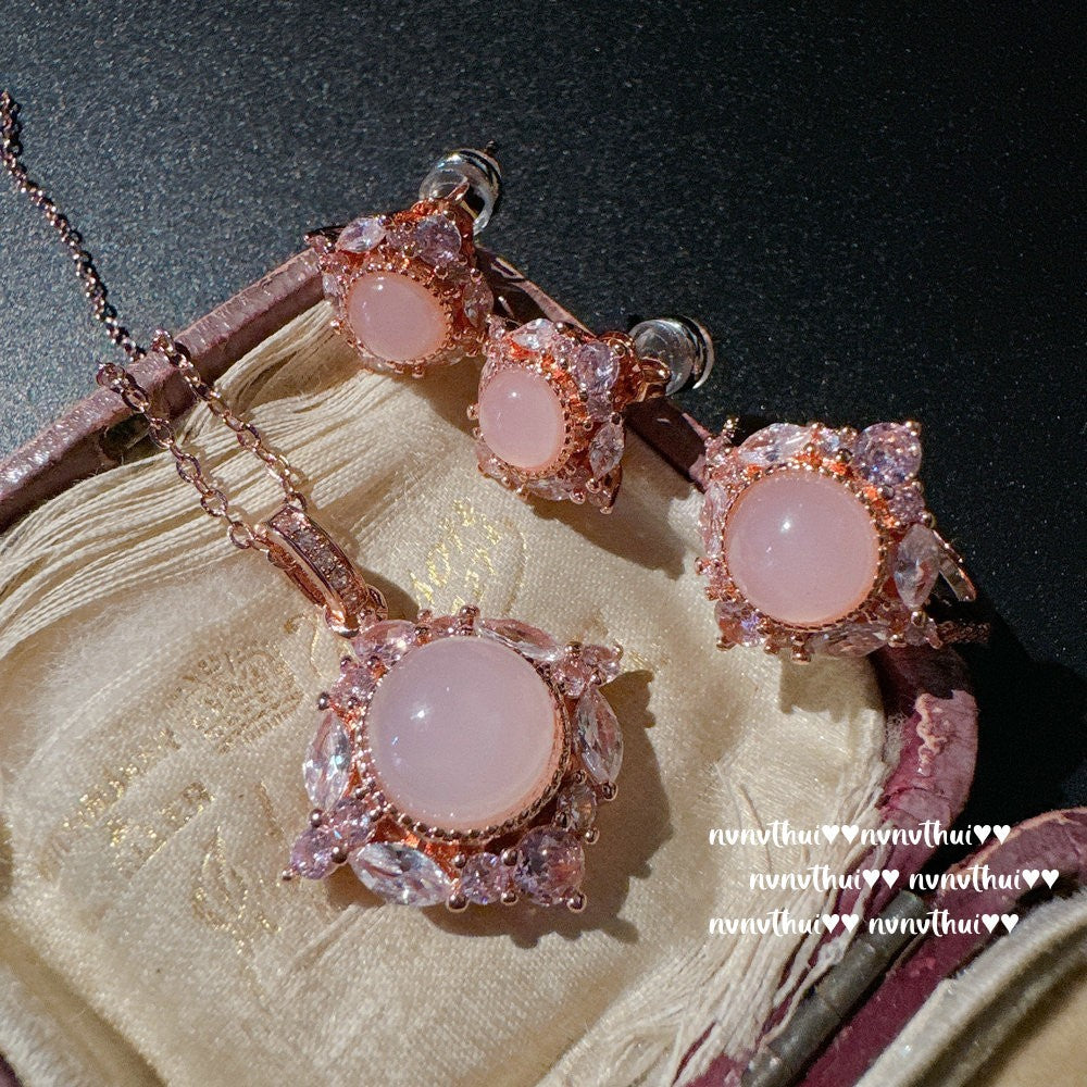 309ZZ Madagascar Pink Carnelian Sunflower Necklace Earrings Set