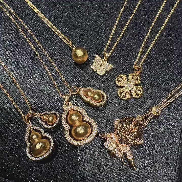 Antique Gold Filigree Double Hulu Pendant Necklace